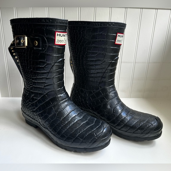 Hunter & Jimmy Choo Crocodile Embossed Rubber Rain Boots Black Size 8M - Picture 2 of 8